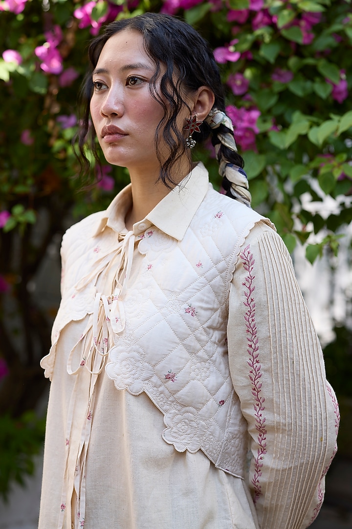Ecru & Pink Khadi Floral Quilted High-Low Gilet by Khyati Rughani at Pernia's Pop Up Shop