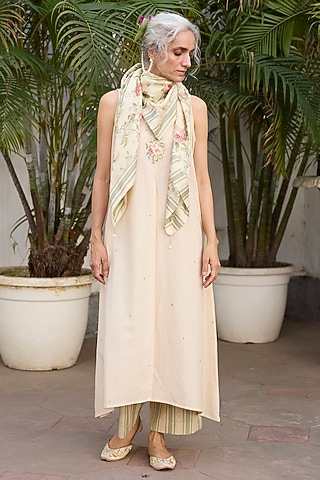 Ecru & Green Silk Printed & Patchwork Scarf by Khyati Rughani