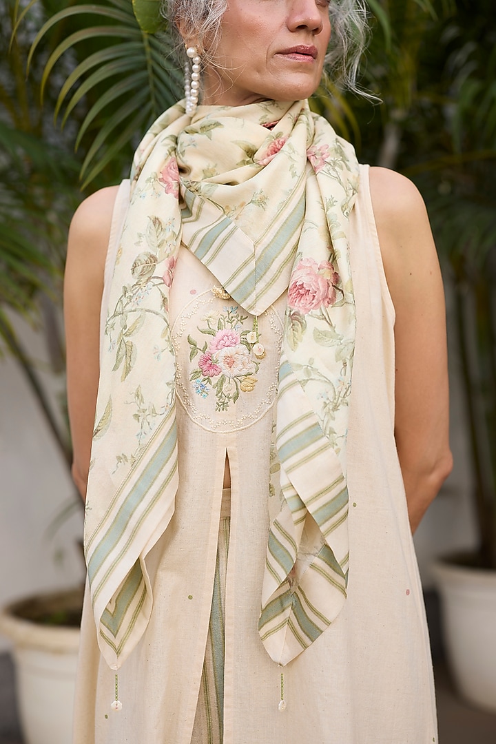 Ecru & Green Silk Printed & Patchwork Scarf by Khyati Rughani at Pernia's Pop Up Shop