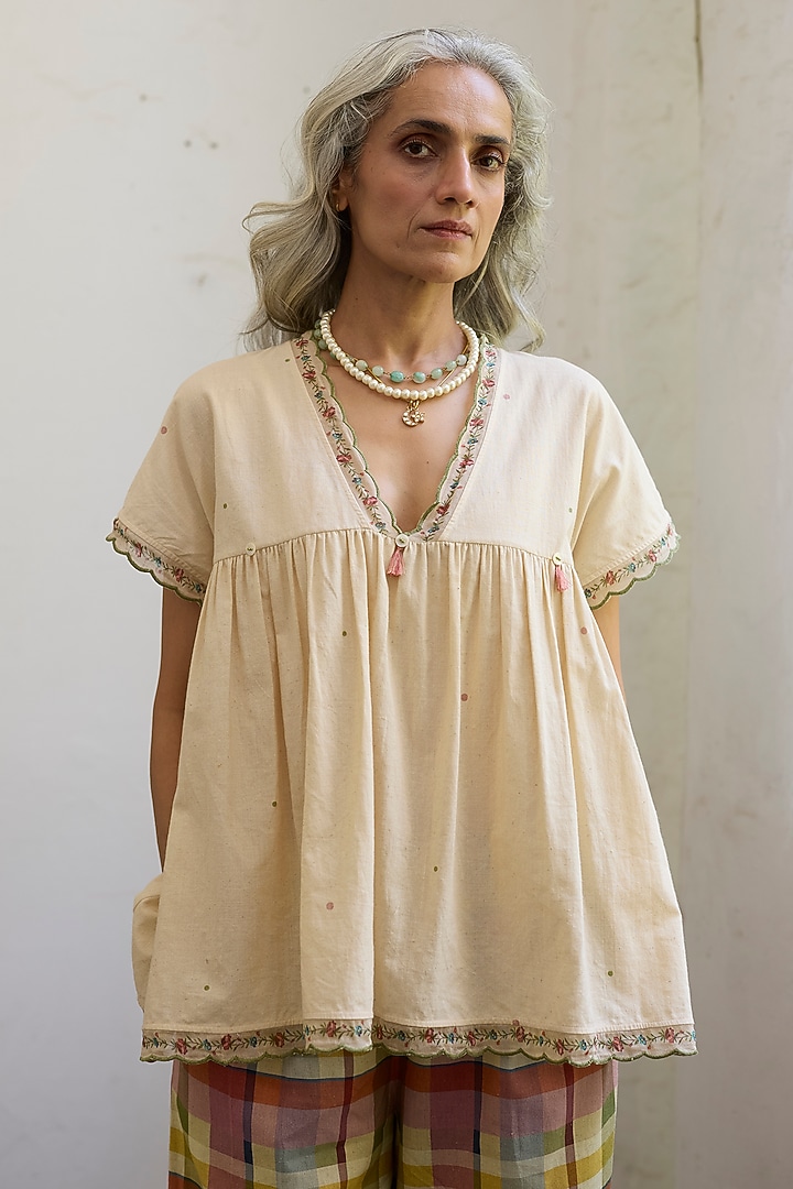 Ecru & Pink Khadi Printed Top by Khyati Rughani at Pernia's Pop Up Shop