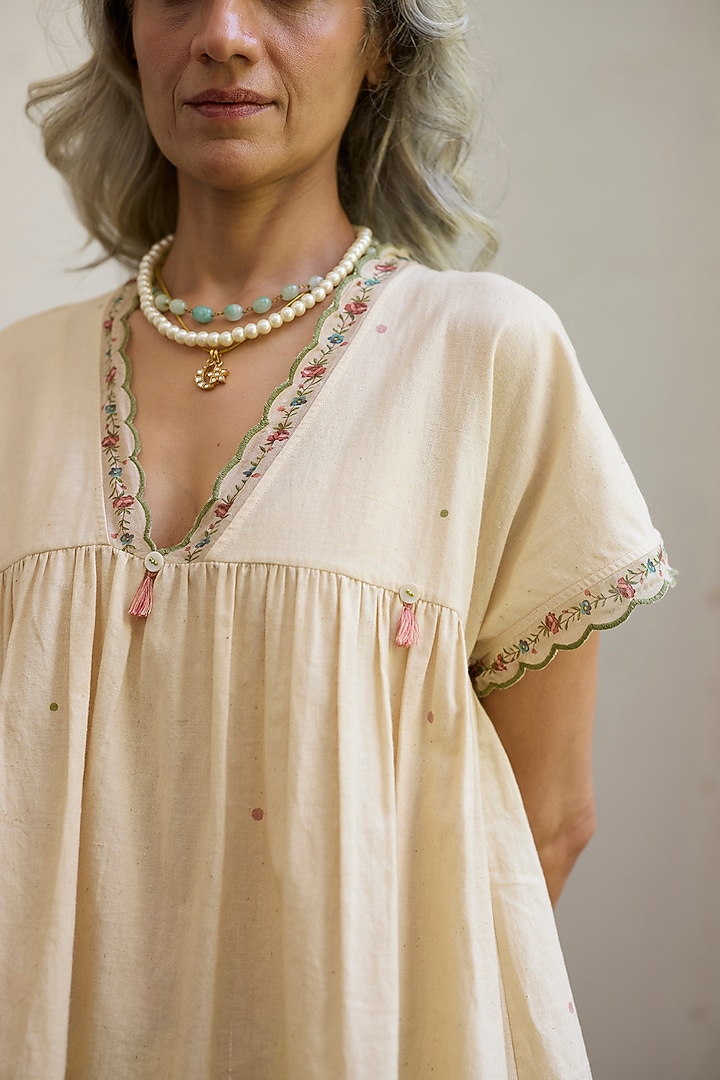 Ecru & Pink Khadi Printed Top by Khyati Rughani at Pernia's Pop Up Shop
