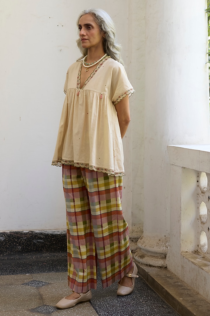 Multi-Coloured Khadi Plaid Printed Wide-Leg Pants by Khyati Rughani at Pernia's Pop Up Shop