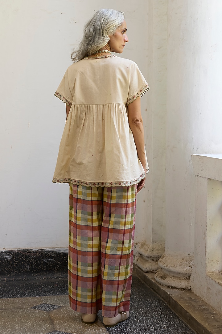 Multi-Coloured Khadi Plaid Printed Wide-Leg Pants by Khyati Rughani at Pernia's Pop Up Shop