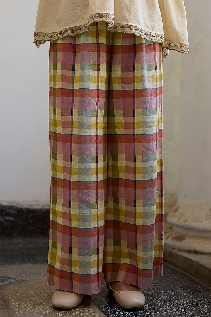 Multi-Coloured Khadi Plaid Printed Wide-Leg Pants by Khyati Rughani at Pernia's Pop Up Shop