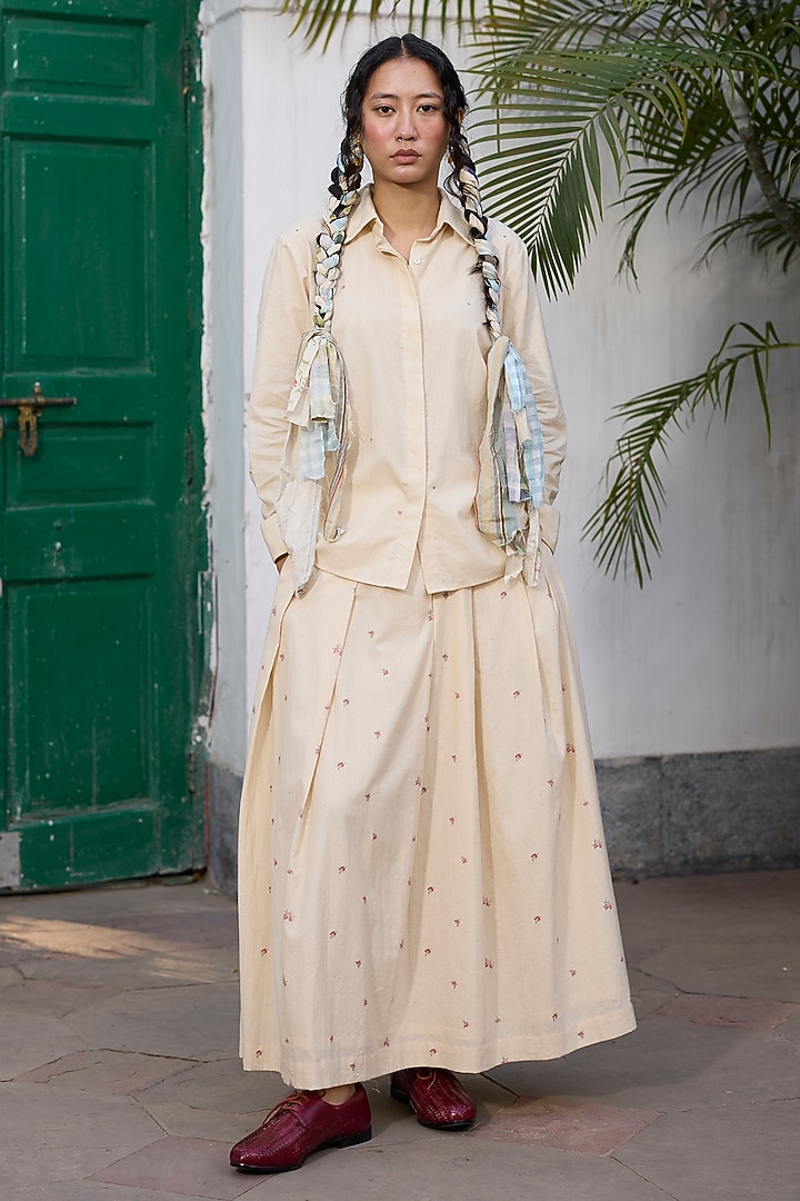 Ecru & Pink Khadi Printed Shirt by Khyati Rughani at Pernia's Pop Up Shop