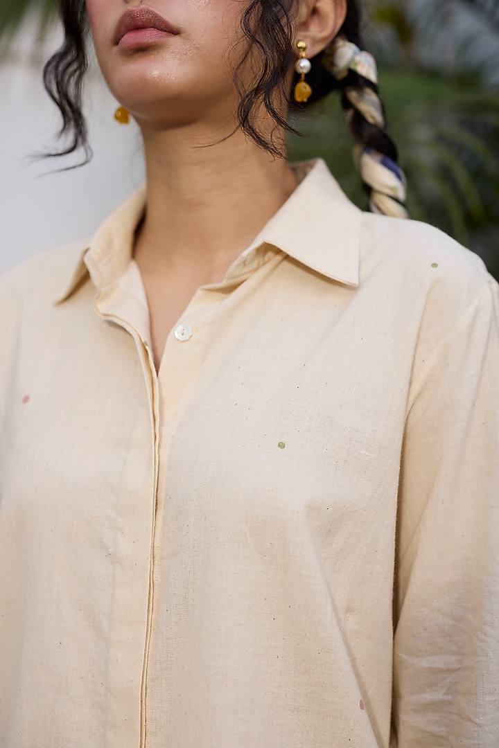 Ecru & Pink Khadi Printed Shirt by Khyati Rughani at Pernia's Pop Up Shop