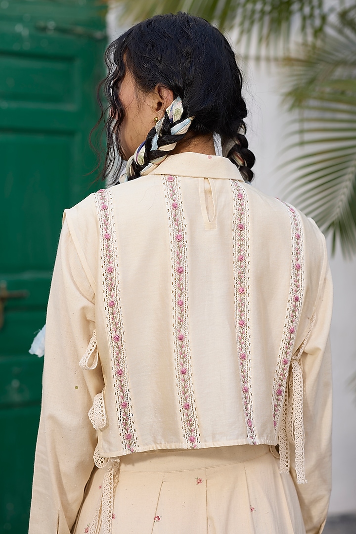 Ecru & Pink Silk Floral Embroidered Gilet by Khyati Rughani at Pernia's Pop Up Shop