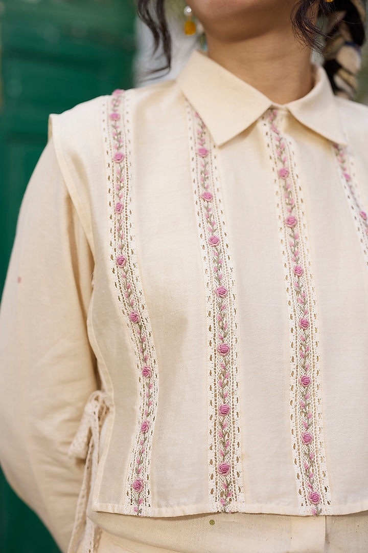 Ecru & Pink Silk Floral Embroidered Gilet by Khyati Rughani at Pernia's Pop Up Shop