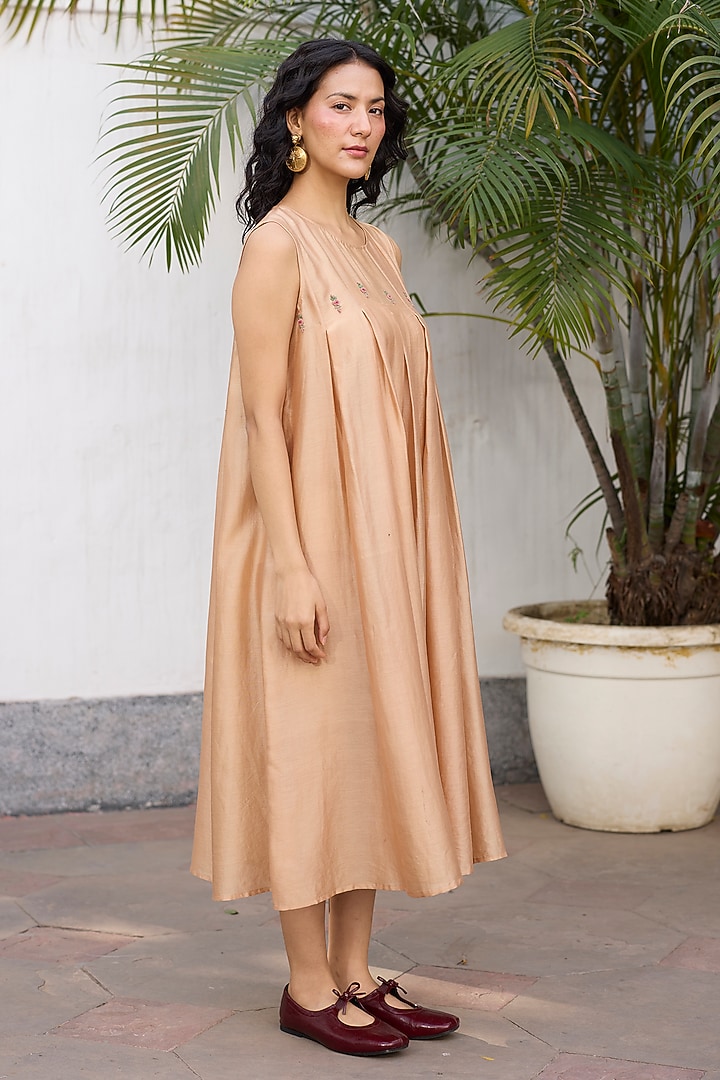 Peach Silk Hand Embroidered Pleated Midi Vacation Dress by Khyati Rughani at Pernia's Pop Up Shop