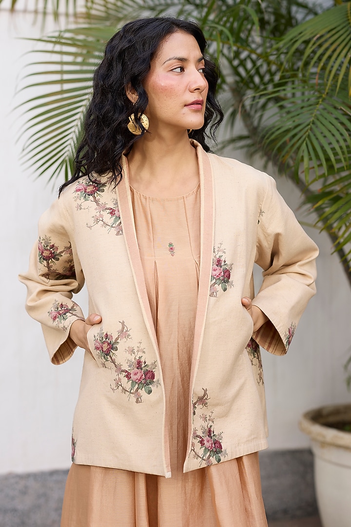 Ecru & Peach Khadi Floral Printed Open Jacket by Khyati Rughani at Pernia's Pop Up Shop