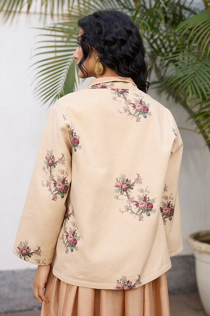 Ecru & Peach Khadi Floral Printed Open Jacket by Khyati Rughani at Pernia's Pop Up Shop