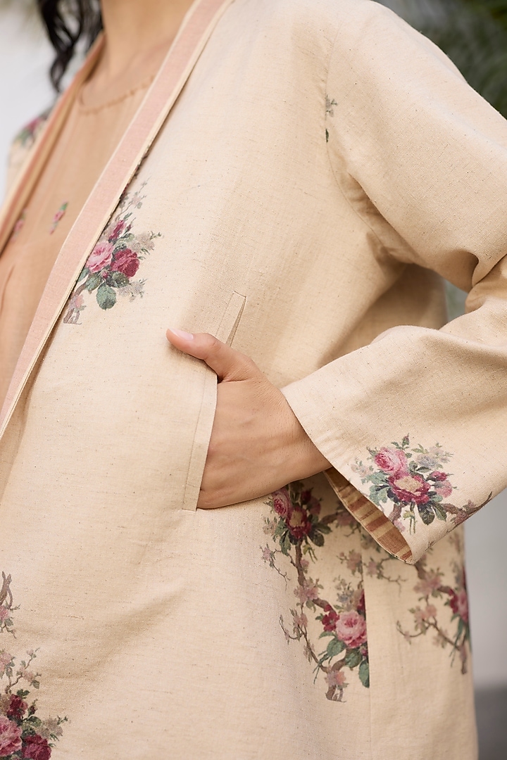 Ecru & Peach Khadi Floral Printed Open Jacket by Khyati Rughani at Pernia's Pop Up Shop