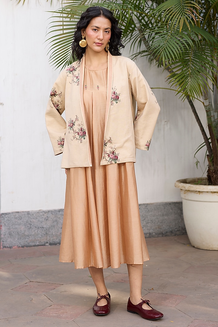 Ecru & Peach Khadi Floral Printed Open Jacket by Khyati Rughani at Pernia's Pop Up Shop