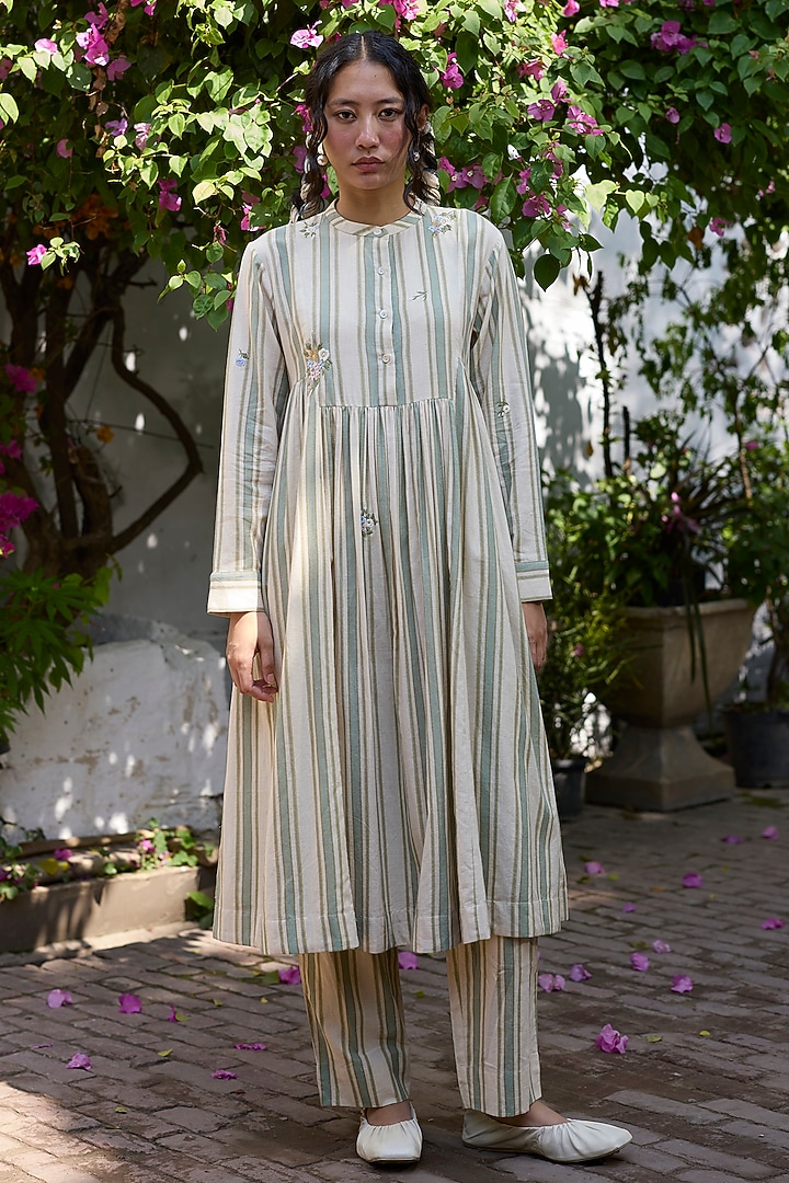 Green Khadi Floral Embroidered Gathered Kurta by Khyati Rughani at Pernia's Pop Up Shop