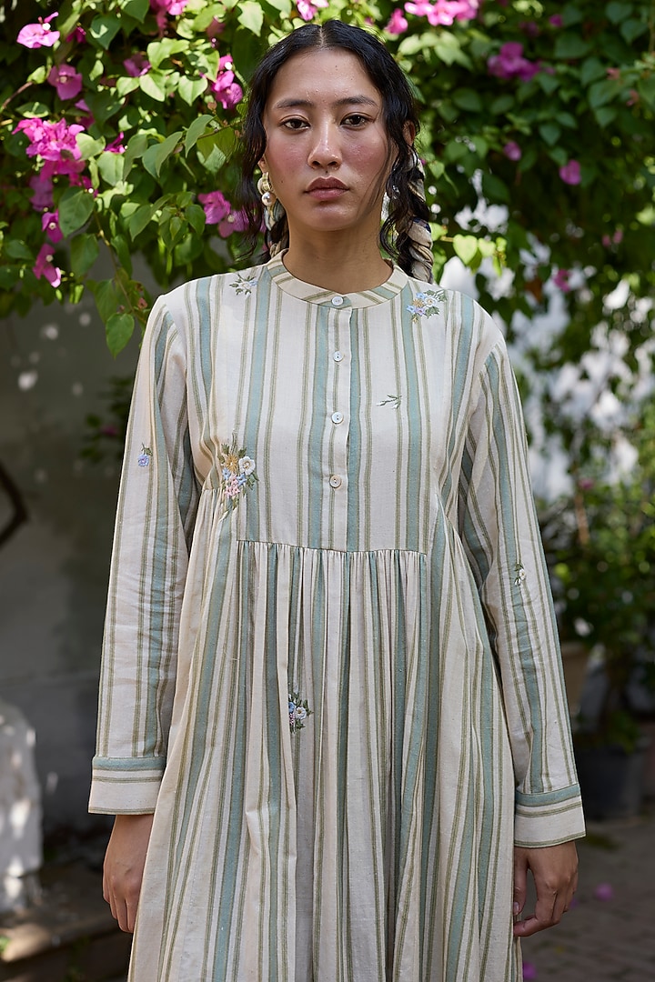 Green Khadi Floral Embroidered Gathered Kurta by Khyati Rughani at Pernia's Pop Up Shop