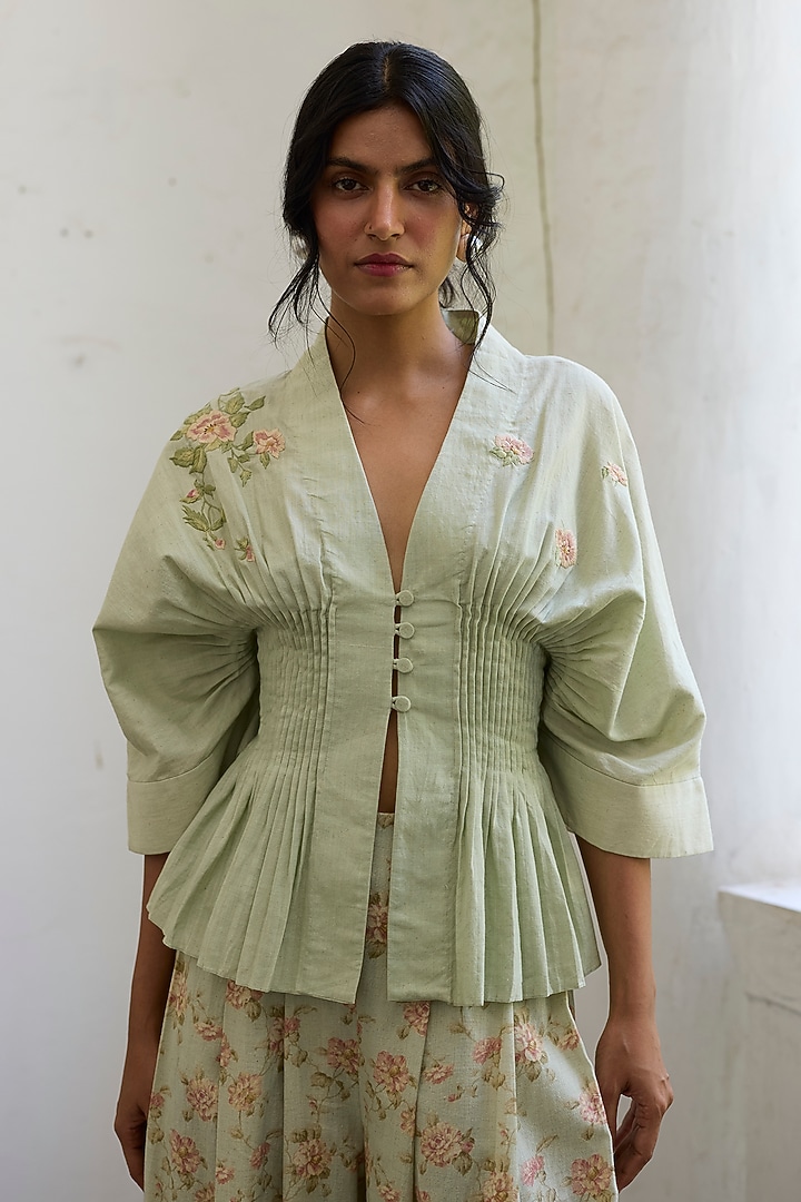Green Khadi Floral Embroidered Top by Khyati Rughani at Pernia's Pop Up Shop