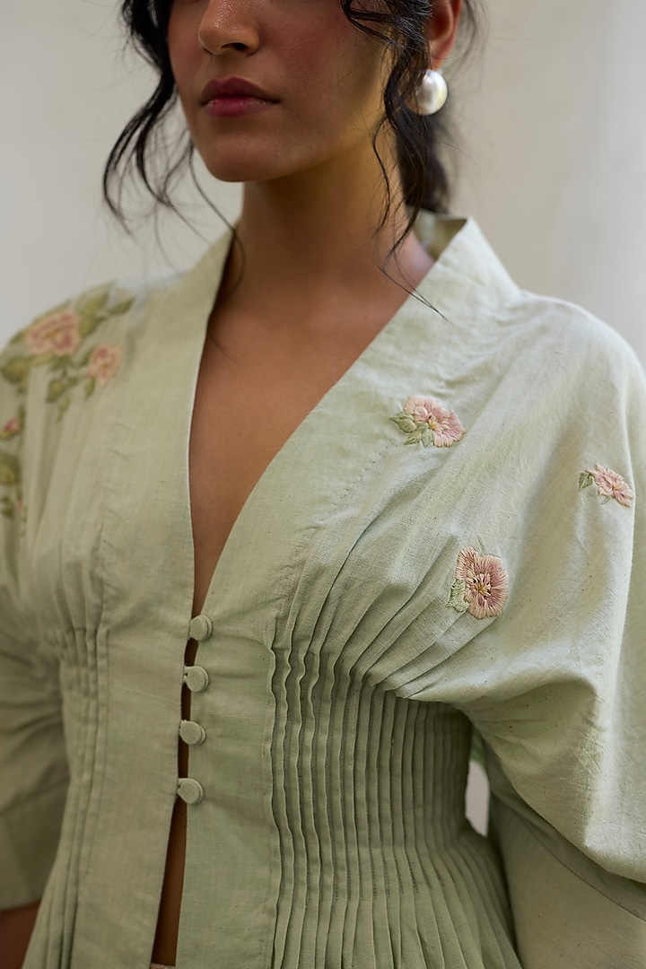 Green Khadi Floral Embroidered Top by Khyati Rughani at Pernia's Pop Up Shop
