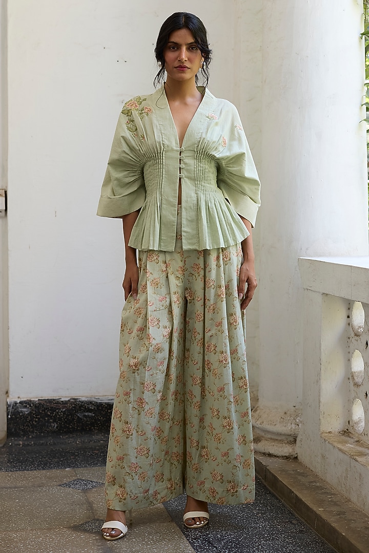 Green Khadi Floral Embroidered Top by Khyati Rughani at Pernia's Pop Up Shop