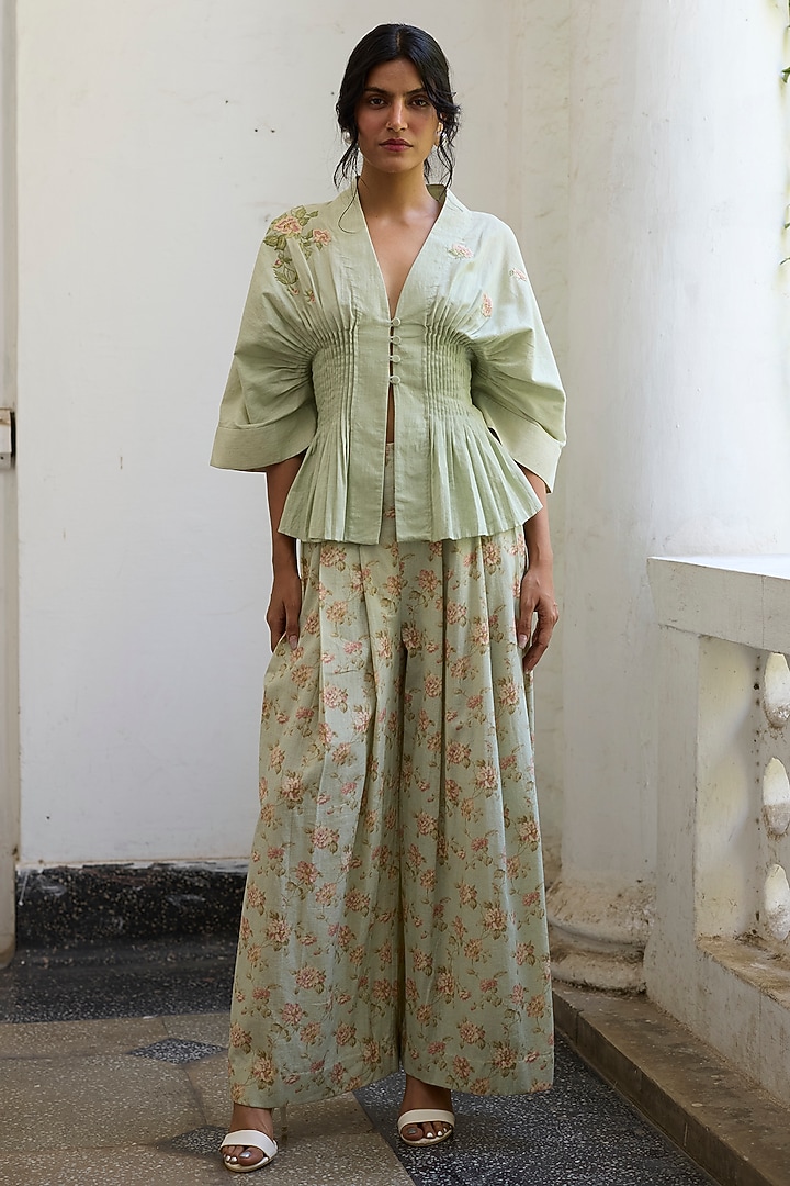 Green Khadi Floral Printed Pants by Khyati Rughani at Pernia's Pop Up Shop