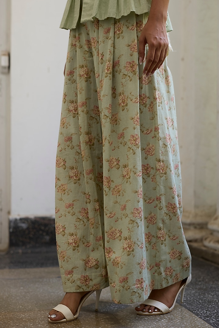 Green Khadi Floral Printed Pants by Khyati Rughani at Pernia's Pop Up Shop