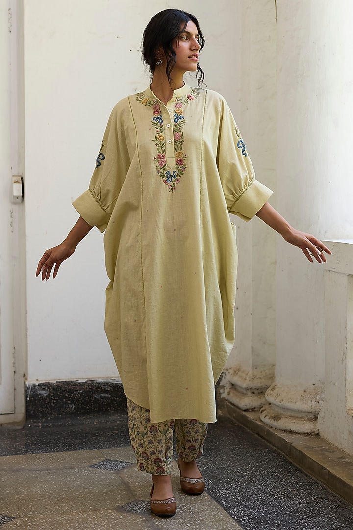 Green Khadi Floral Embroidered Kaftan by Khyati Rughani at Pernia's Pop Up Shop