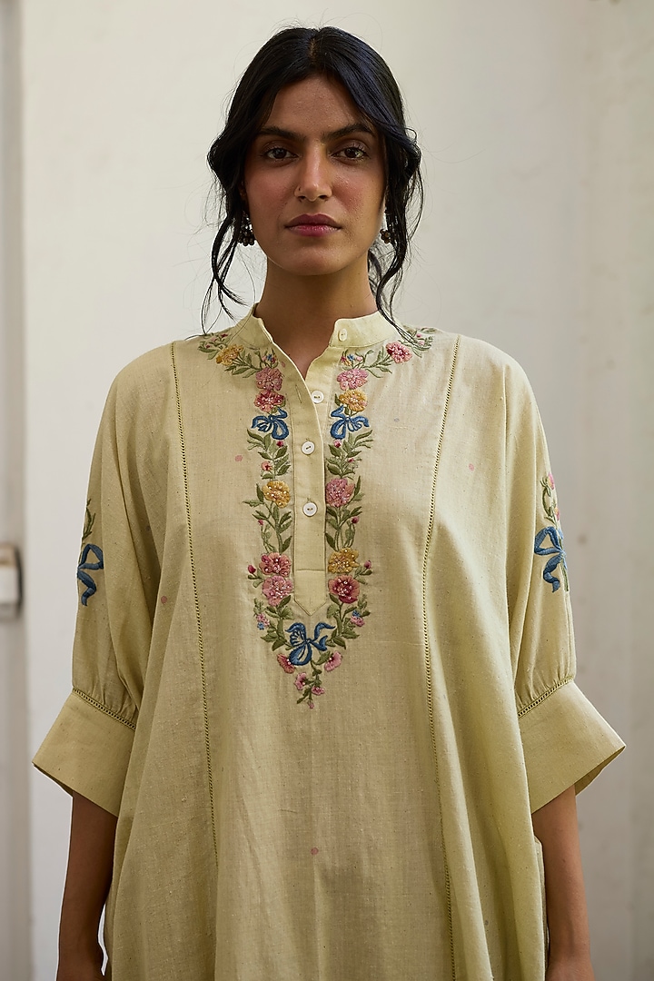 Green Khadi Floral Embroidered Kaftan by Khyati Rughani at Pernia's Pop Up Shop