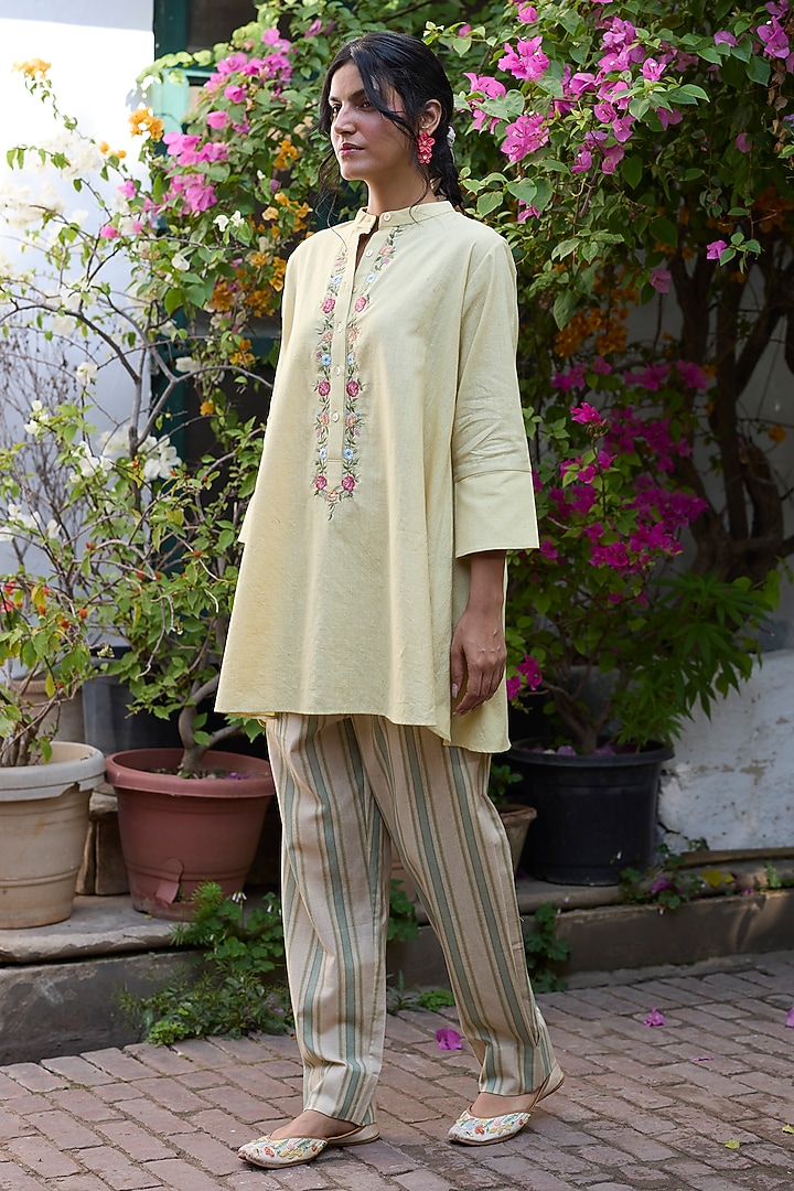 Green Khadi Floral Embroidered Short Kurta by Khyati Rughani at Pernia's Pop Up Shop