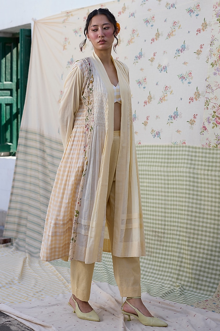 Yellow Khadi Pintuck Overlay Jacket by Khyati Rughani at Pernia's Pop Up Shop