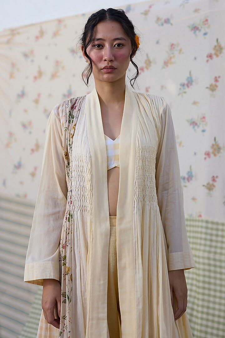 Yellow Khadi Pintuck Overlay Jacket by Khyati Rughani at Pernia's Pop Up Shop
