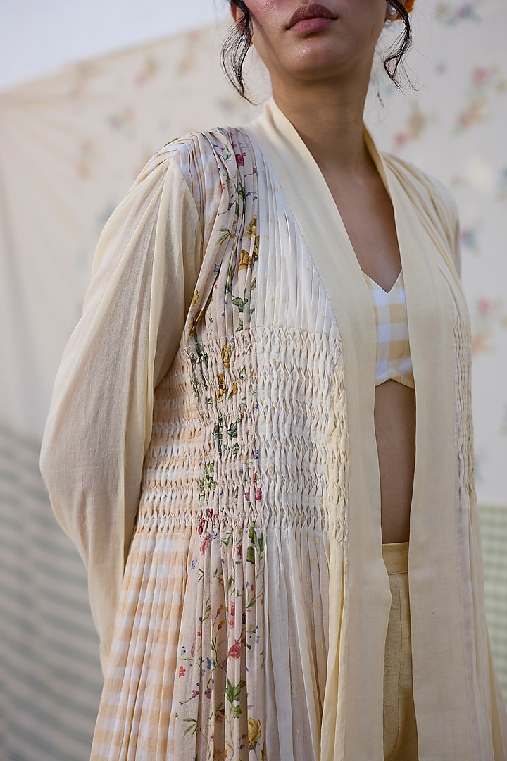 Yellow Khadi Pintuck Overlay Jacket by Khyati Rughani at Pernia's Pop Up Shop