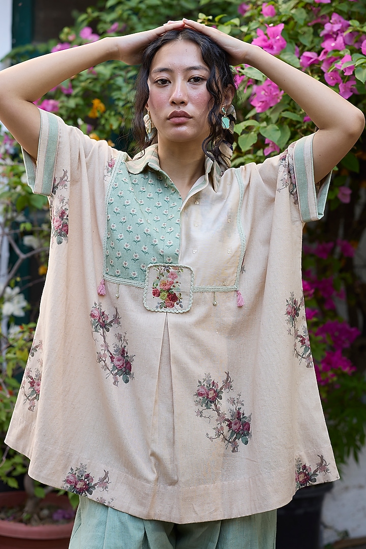 Ecru & Pink Khadi Patchwork Kaftan-Style Top by Khyati Rughani at Pernia's Pop Up Shop