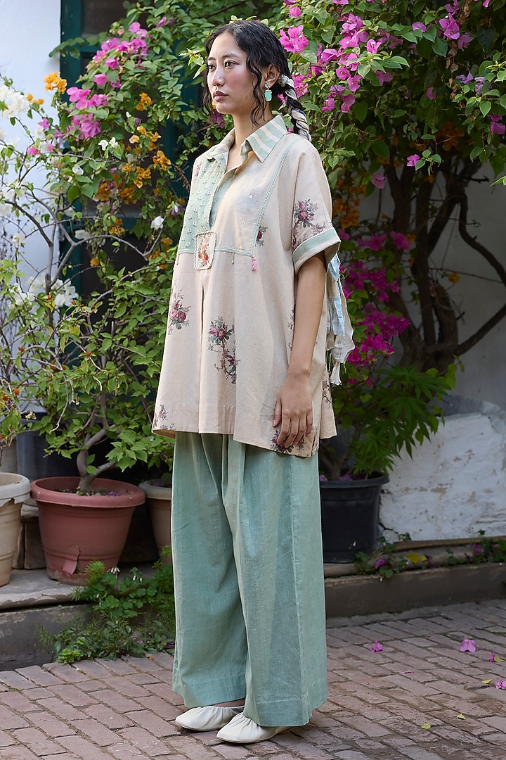 Ecru & Pink Khadi Patchwork Kaftan-Style Top by Khyati Rughani at Pernia's Pop Up Shop