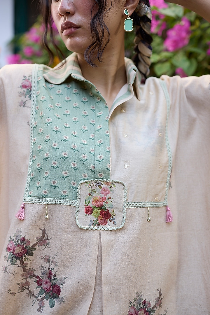 Ecru & Pink Khadi Patchwork Kaftan-Style Top by Khyati Rughani at Pernia's Pop Up Shop