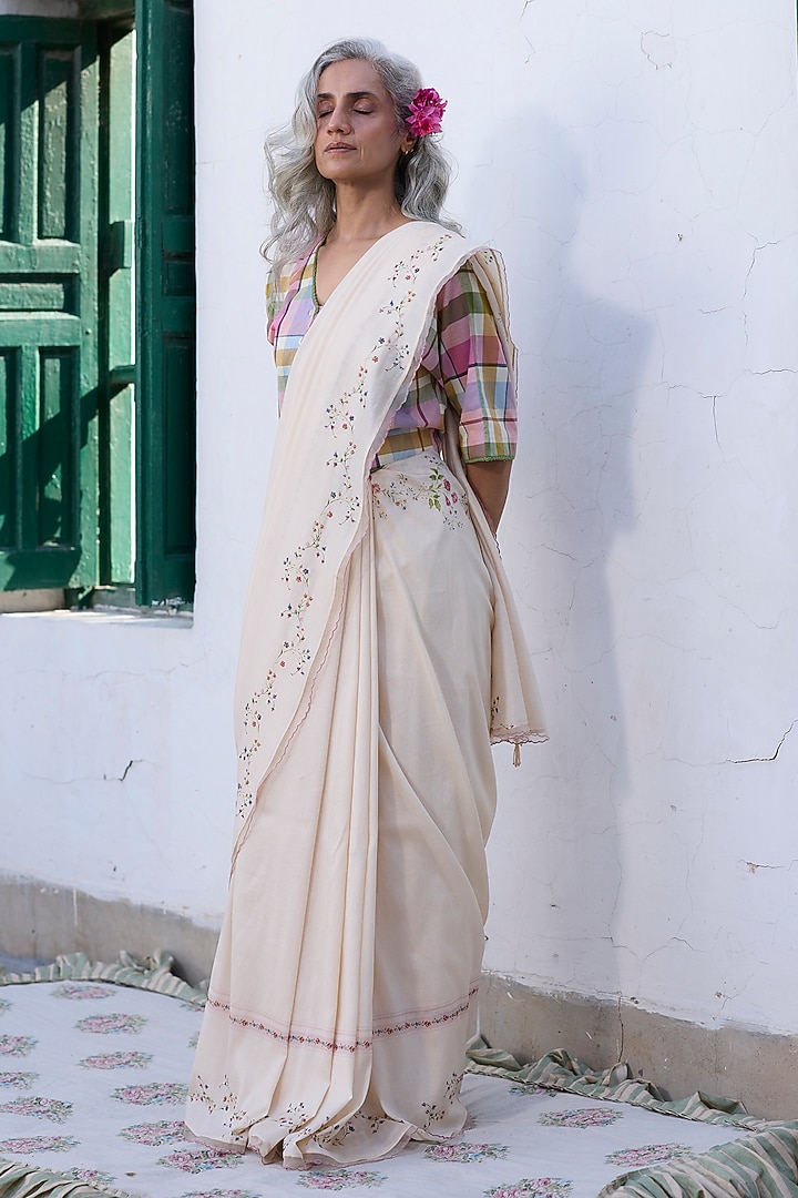 Ecru & Pink Silk Floral Printed Party Wear Saree by Khyati Rughani at Pernia's Pop Up Shop