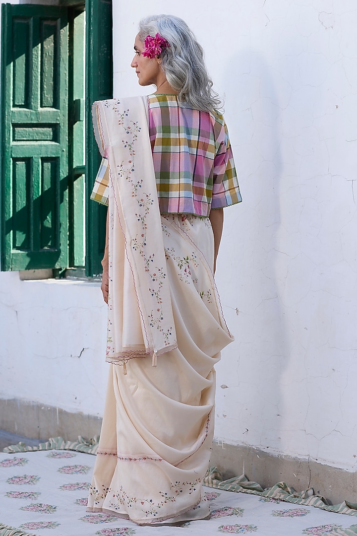 Ecru & Pink Silk Floral Printed Party Wear Saree by Khyati Rughani at Pernia's Pop Up Shop