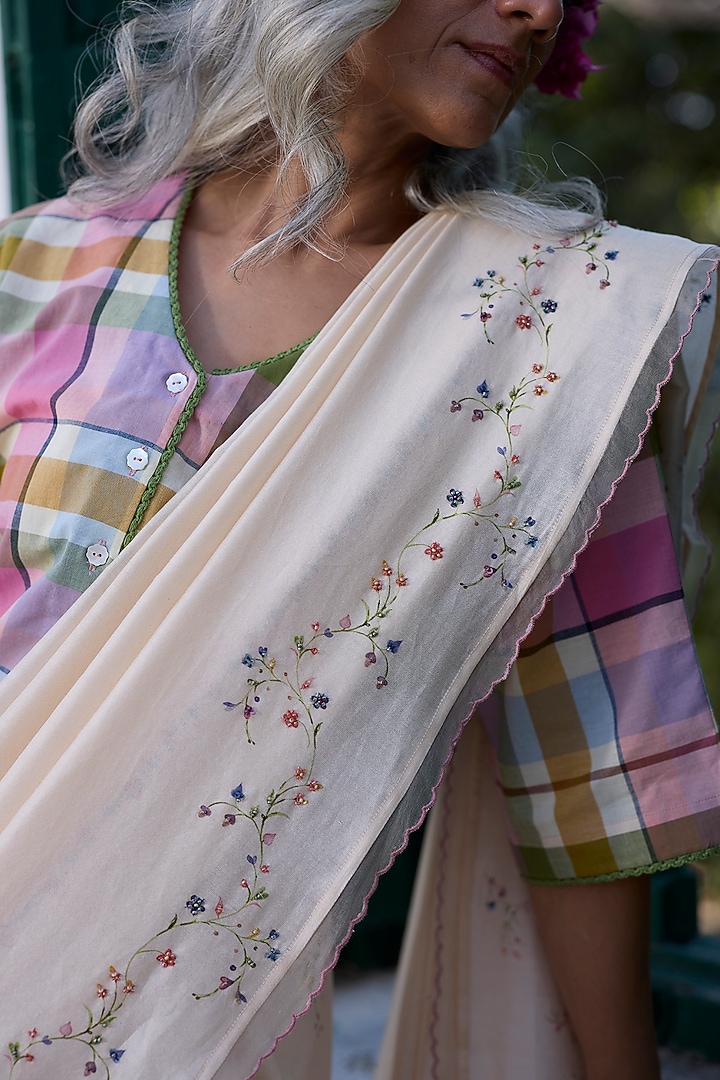 Ecru & Pink Silk Floral Printed Party Wear Saree by Khyati Rughani at Pernia's Pop Up Shop