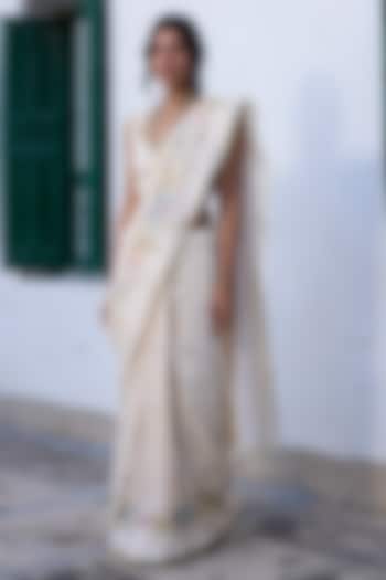 Ecru & Blue Silk Floral Printed Party Wear Saree by Khyati Rughani at Pernia's Pop Up Shop