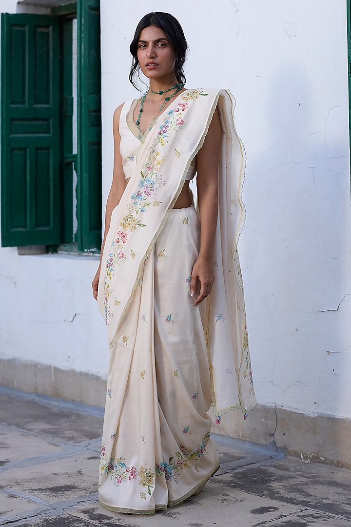 Ecru & Blue Silk Floral Printed Party Wear Saree by Khyati Rughani at Pernia's Pop Up Shop