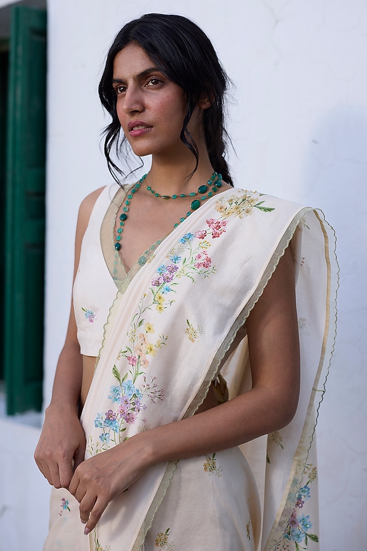Ecru & Blue Silk Floral Printed Party Wear Saree by Khyati Rughani at Pernia's Pop Up Shop