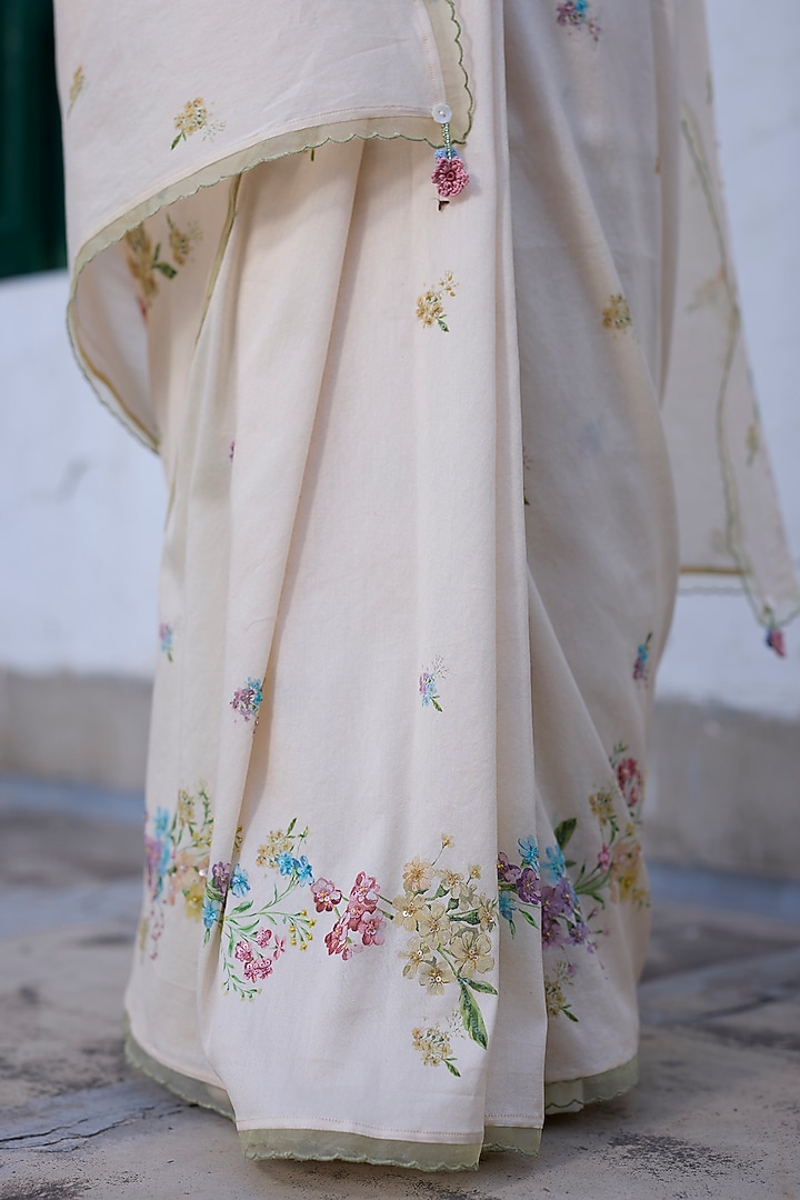 Ecru & Blue Silk Floral Printed Party Wear Saree by Khyati Rughani at Pernia's Pop Up Shop