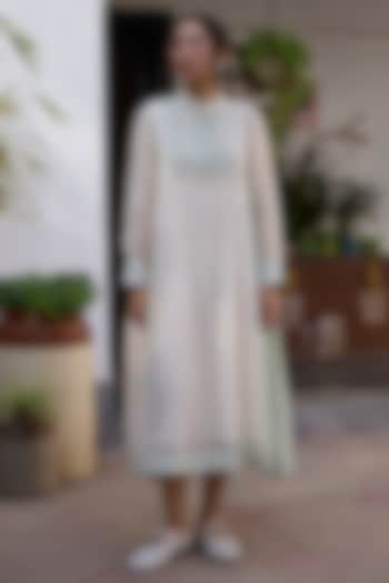 Off-White & Blue Silk Patchwork Tunic-Style Vacation Dress by Khyati Rughani at Pernia's Pop Up Shop