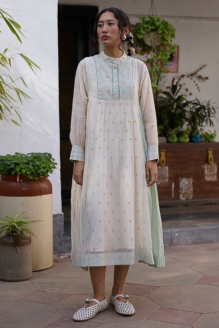 Off-White & Blue Silk Patchwork Tunic-Style Vacation Dress by Khyati Rughani at Pernia's Pop Up Shop