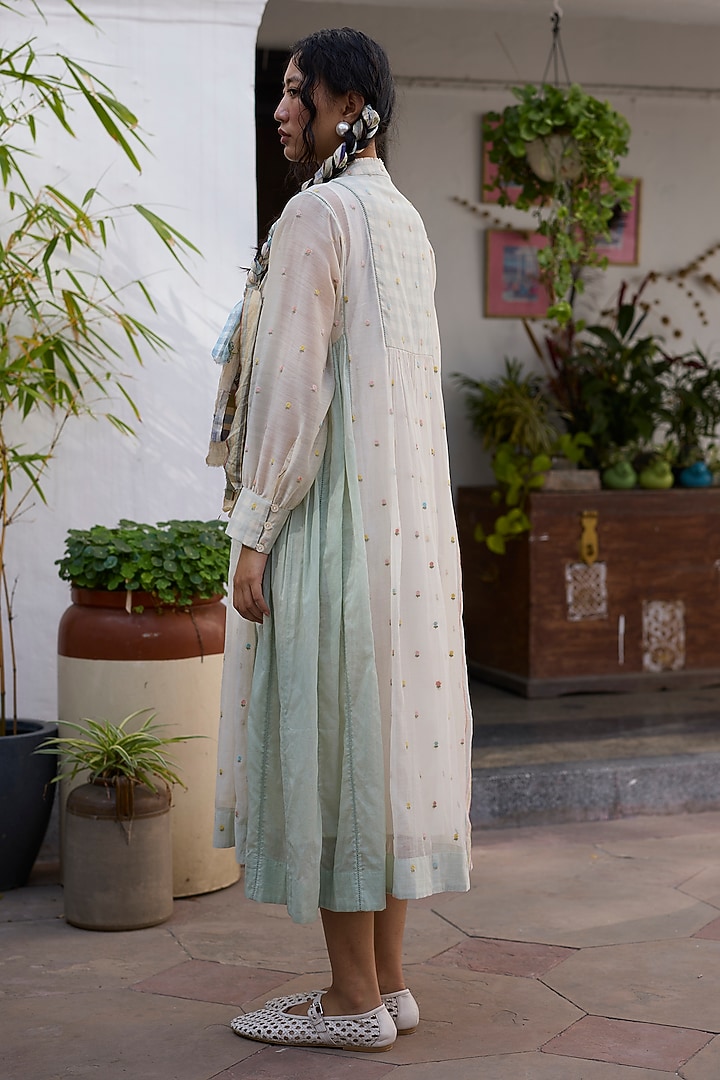 Off-White & Blue Silk Patchwork Tunic-Style Vacation Dress by Khyati Rughani at Pernia's Pop Up Shop