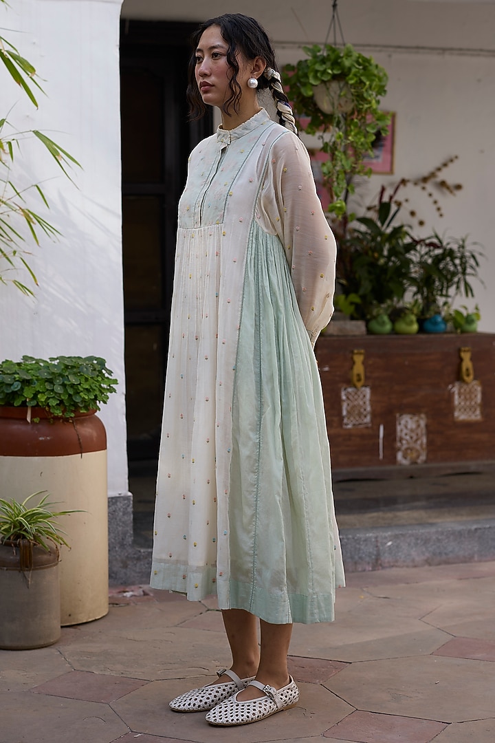 Off-White & Blue Silk Patchwork Tunic-Style Vacation Dress by Khyati Rughani at Pernia's Pop Up Shop
