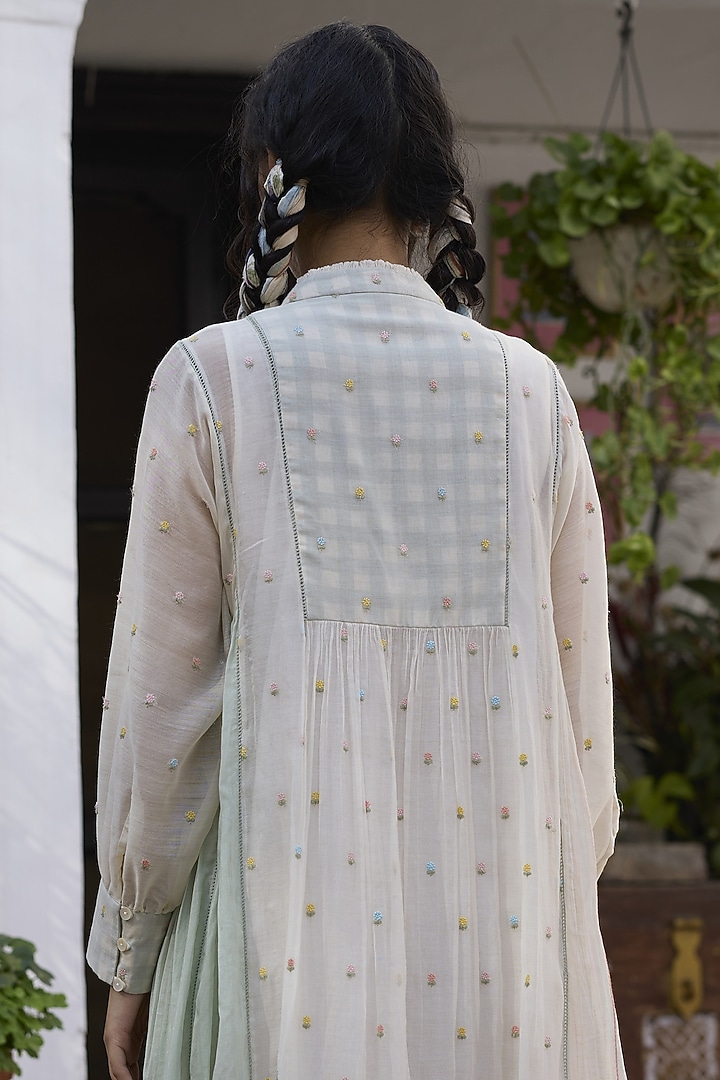 Off-White & Blue Silk Patchwork Tunic-Style Vacation Dress by Khyati Rughani at Pernia's Pop Up Shop