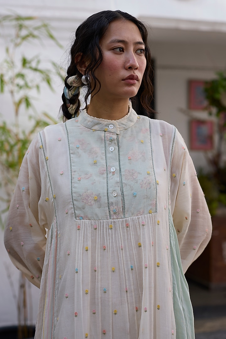 Off-White & Blue Silk Patchwork Tunic-Style Vacation Dress by Khyati Rughani at Pernia's Pop Up Shop