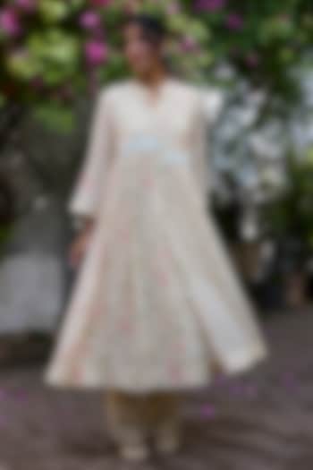 Ecru & Peach Khadi & Silk Printed Tunic by Khyati Rughani at Pernia's Pop Up Shop
