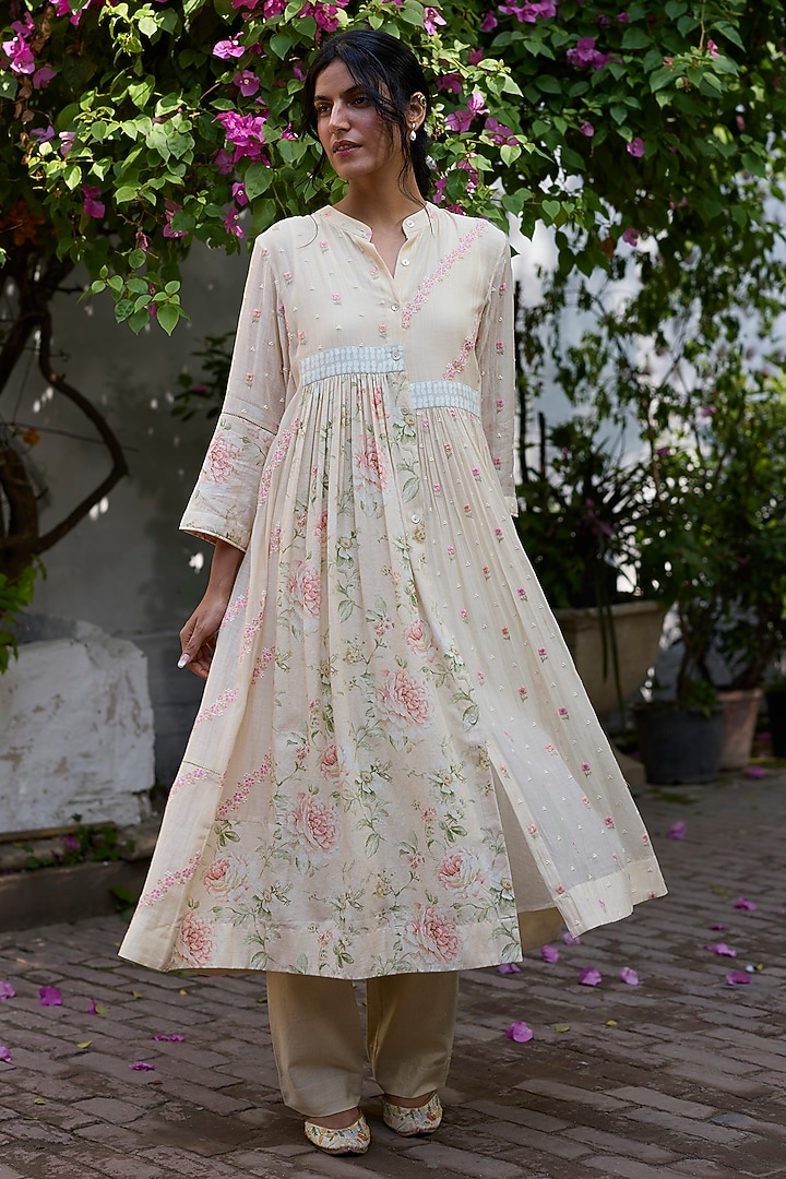Ecru & Peach Khadi & Silk Printed Tunic by Khyati Rughani at Pernia's Pop Up Shop