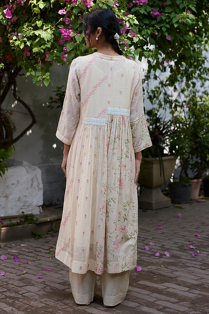 Ecru & Peach Khadi & Silk Printed Tunic by Khyati Rughani at Pernia's Pop Up Shop