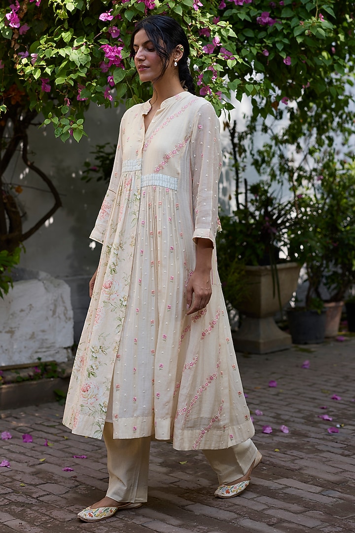 Ecru & Peach Khadi & Silk Printed Tunic by Khyati Rughani at Pernia's Pop Up Shop